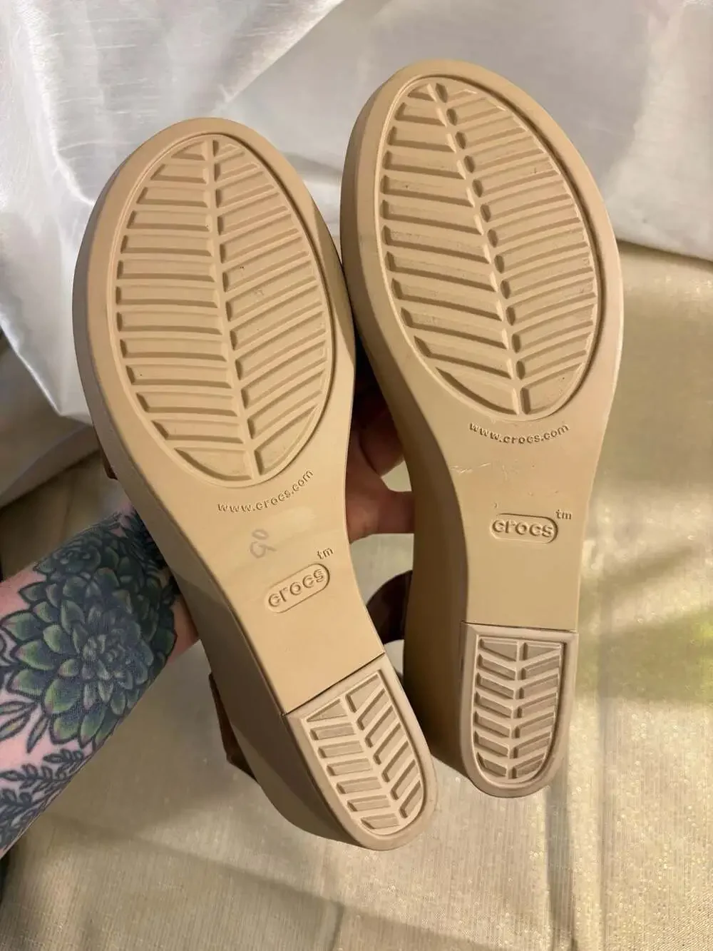 Crocs Brown Leather Slingback Wedge Sandals